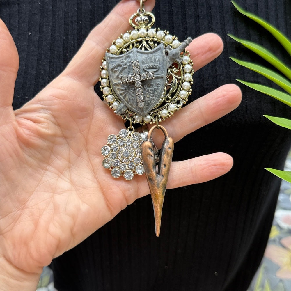 Adorned Crown Jewelry assemblage mix metal shield cross heart necklace