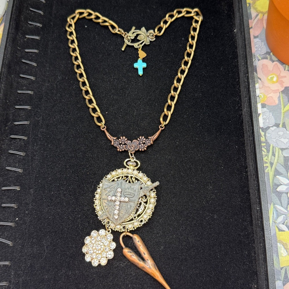 Adorned Crown Jewelry assemblage mix metal shield cross heart necklace