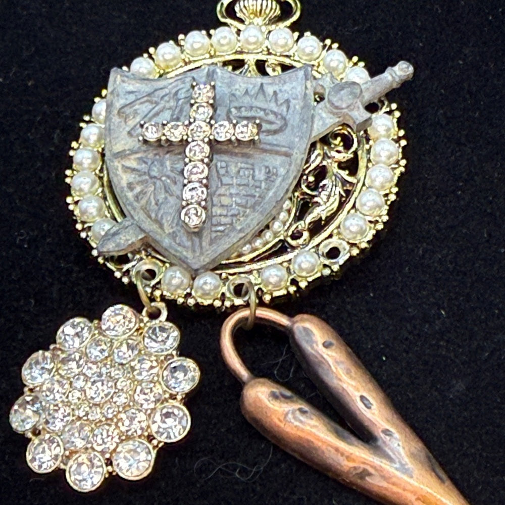 Adorned Crown Jewelry assemblage mix metal shield cross heart necklace