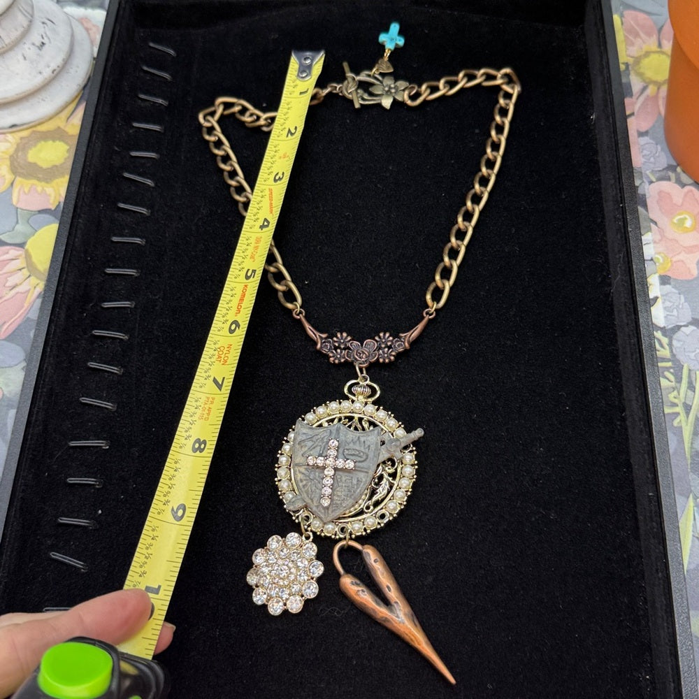 Adorned Crown Jewelry assemblage mix metal shield cross heart necklace