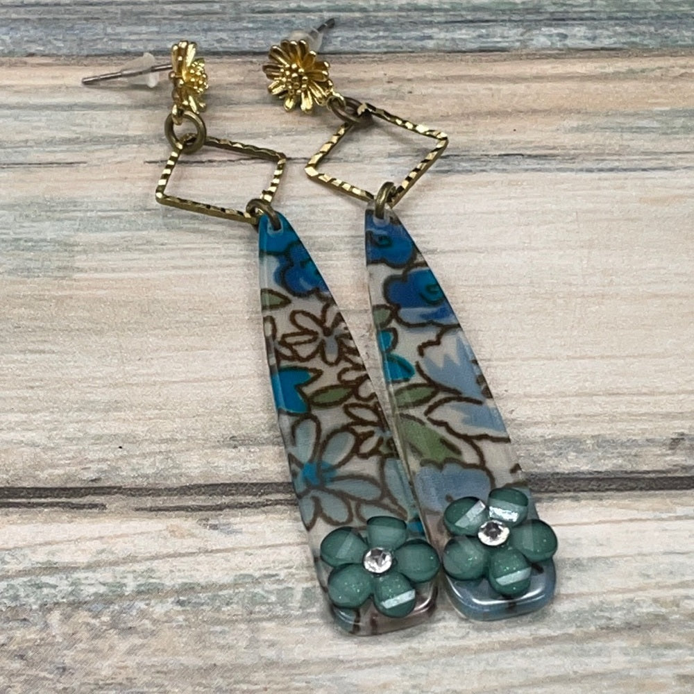Adorned Crown artisan assemblage blue acrylic flower spike earrings