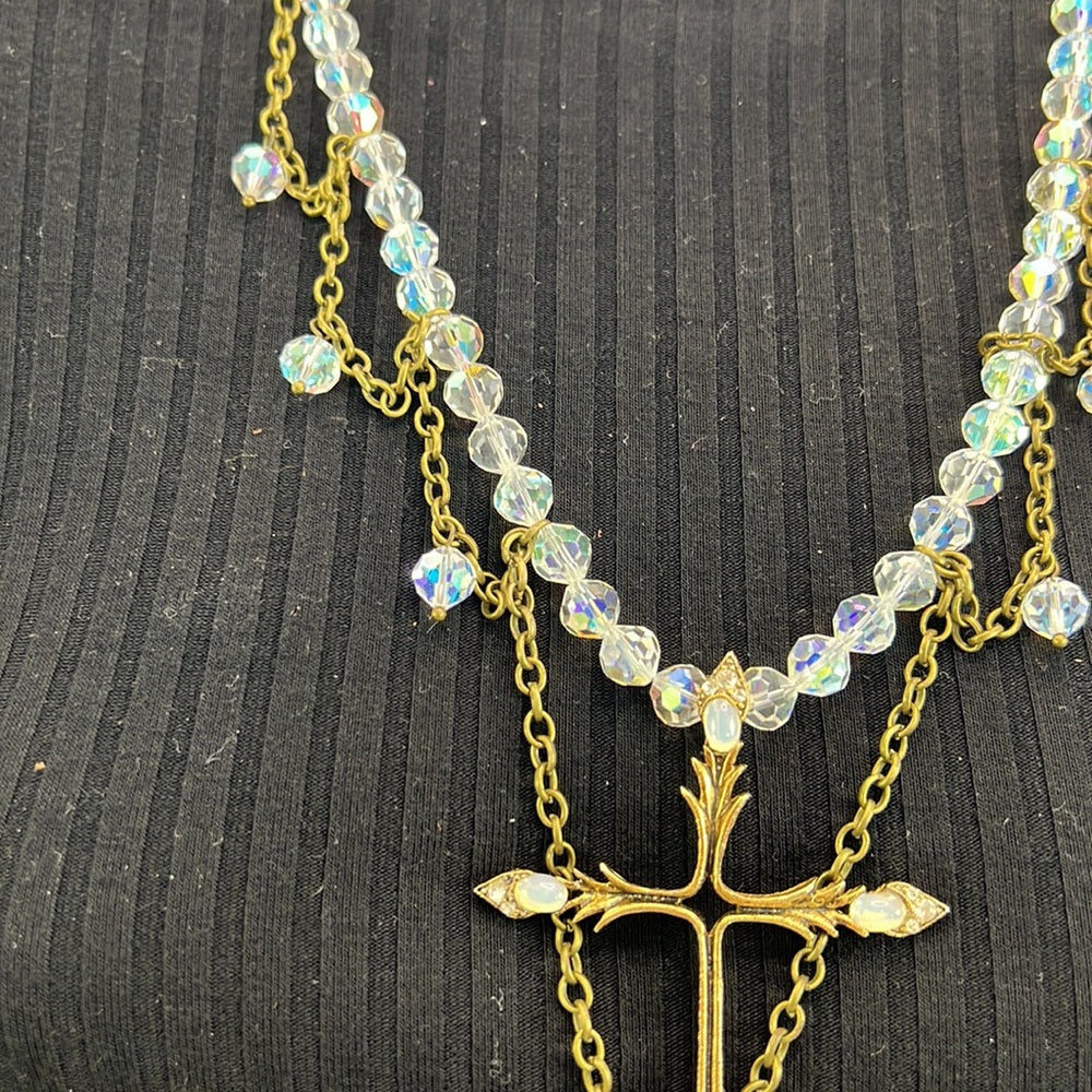 Adorned Crown necklace aurora borealis crystals cross artisan assemblage