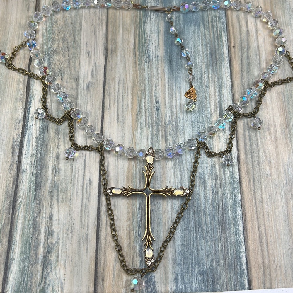 Adorned Crown necklace aurora borealis crystals cross artisan assemblage