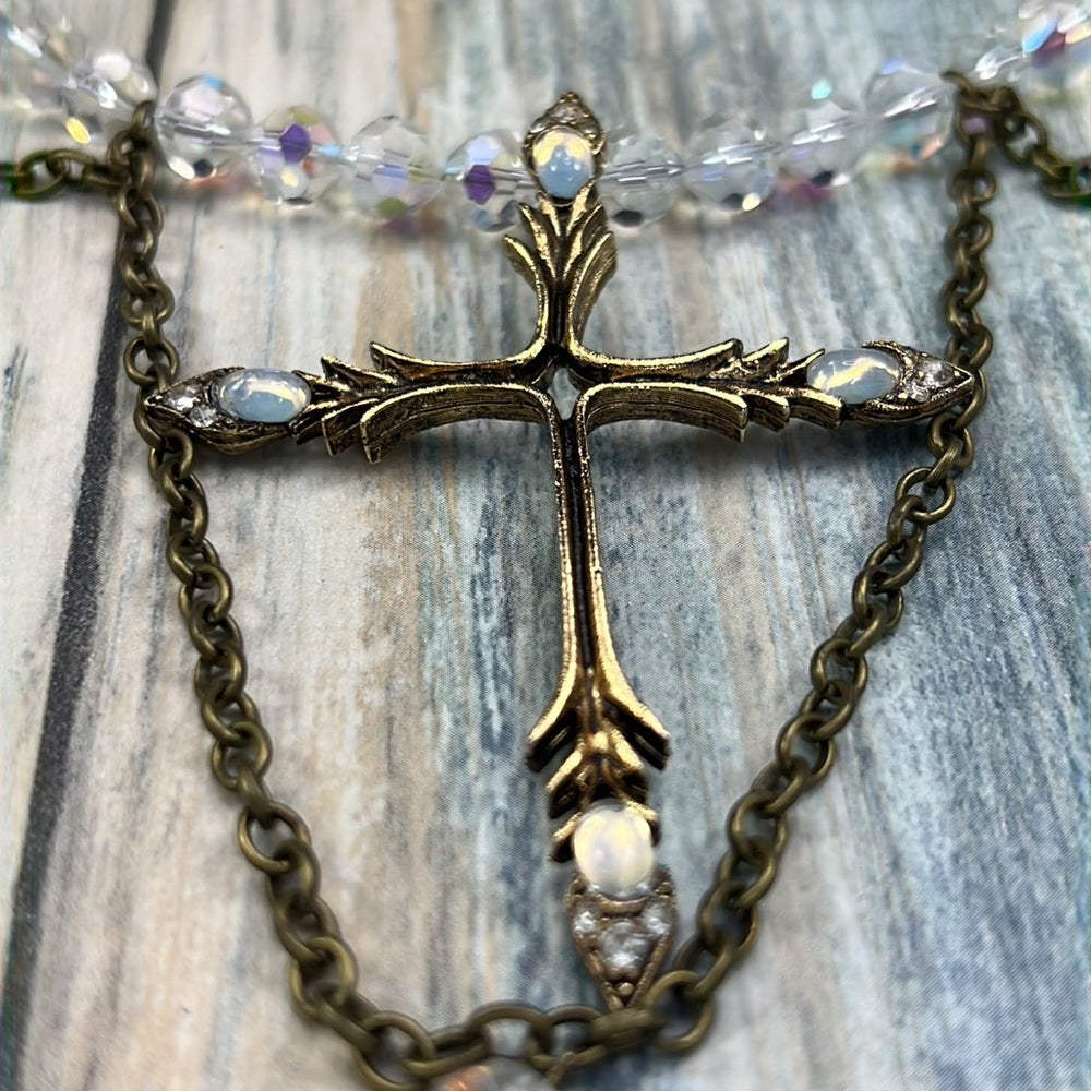 Adorned Crown necklace aurora borealis crystals cross artisan assemblage
