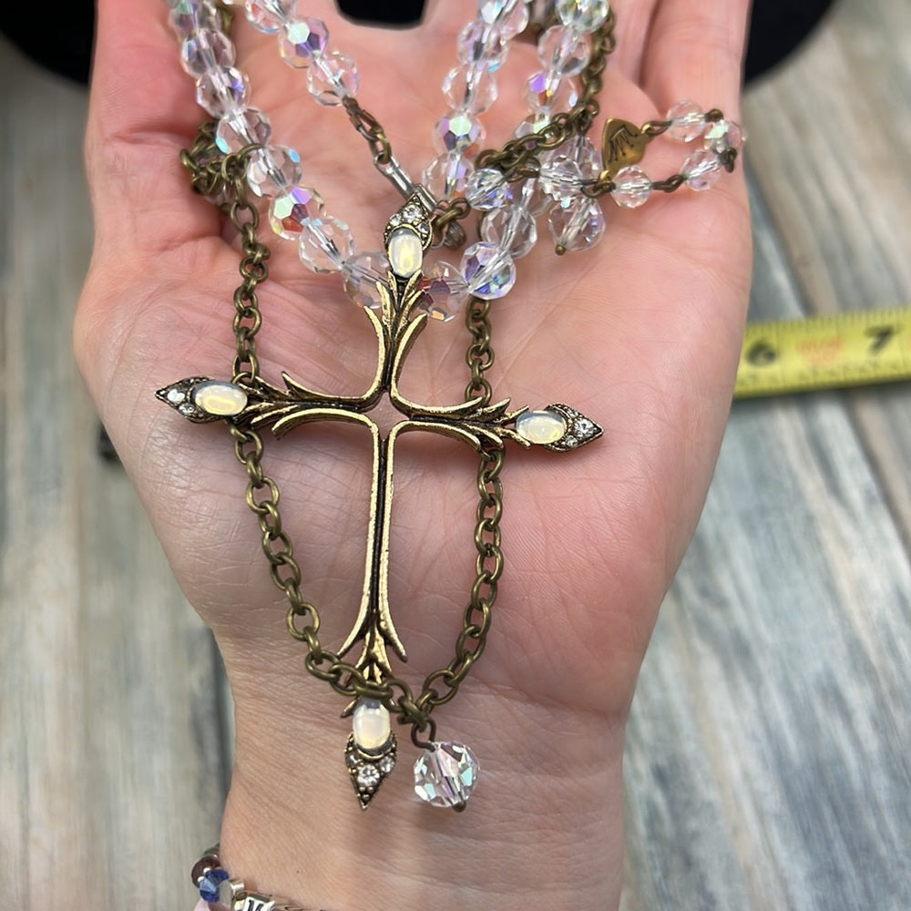 Adorned Crown necklace aurora borealis crystals cross artisan assemblage