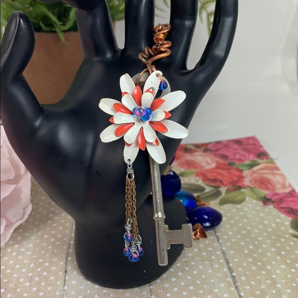 Adorned Crown artisan assemblage skeleton key enamel flower bead necklace