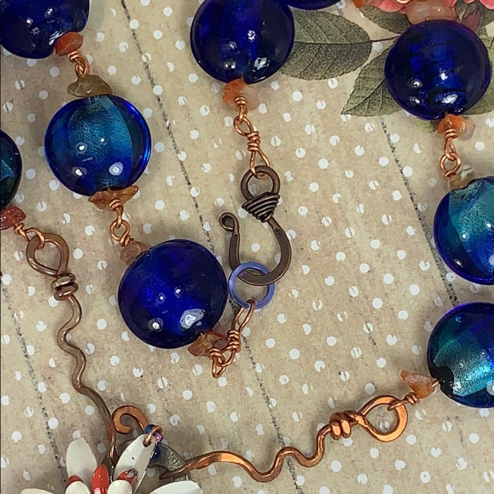 Adorned Crown artisan assemblage skeleton key enamel flower bead necklace