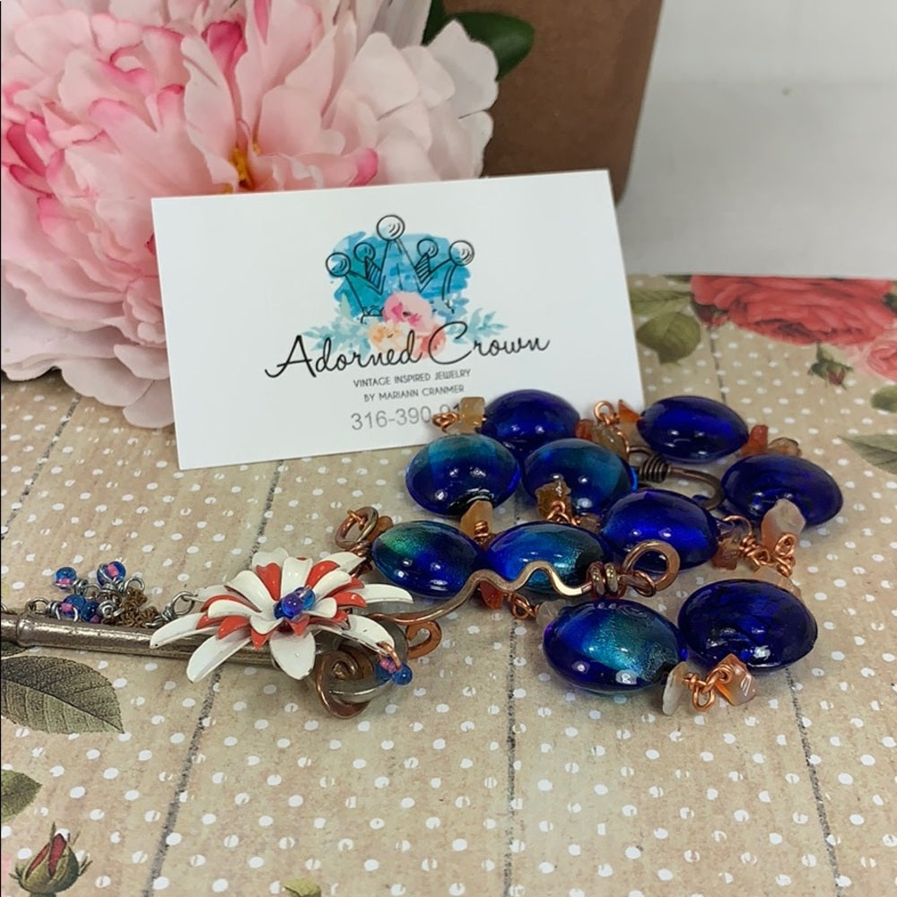 Adorned Crown artisan assemblage skeleton key enamel flower bead necklace