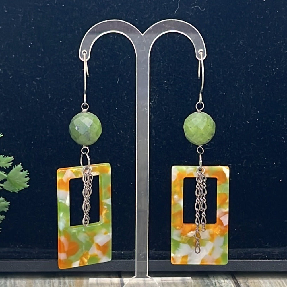 Adorned Crown Artisan Assemblage jade and acrylic rectangle earrings