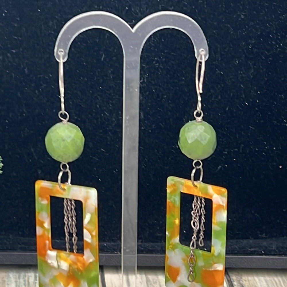 Adorned Crown Artisan Assemblage jade and acrylic rectangle earrings