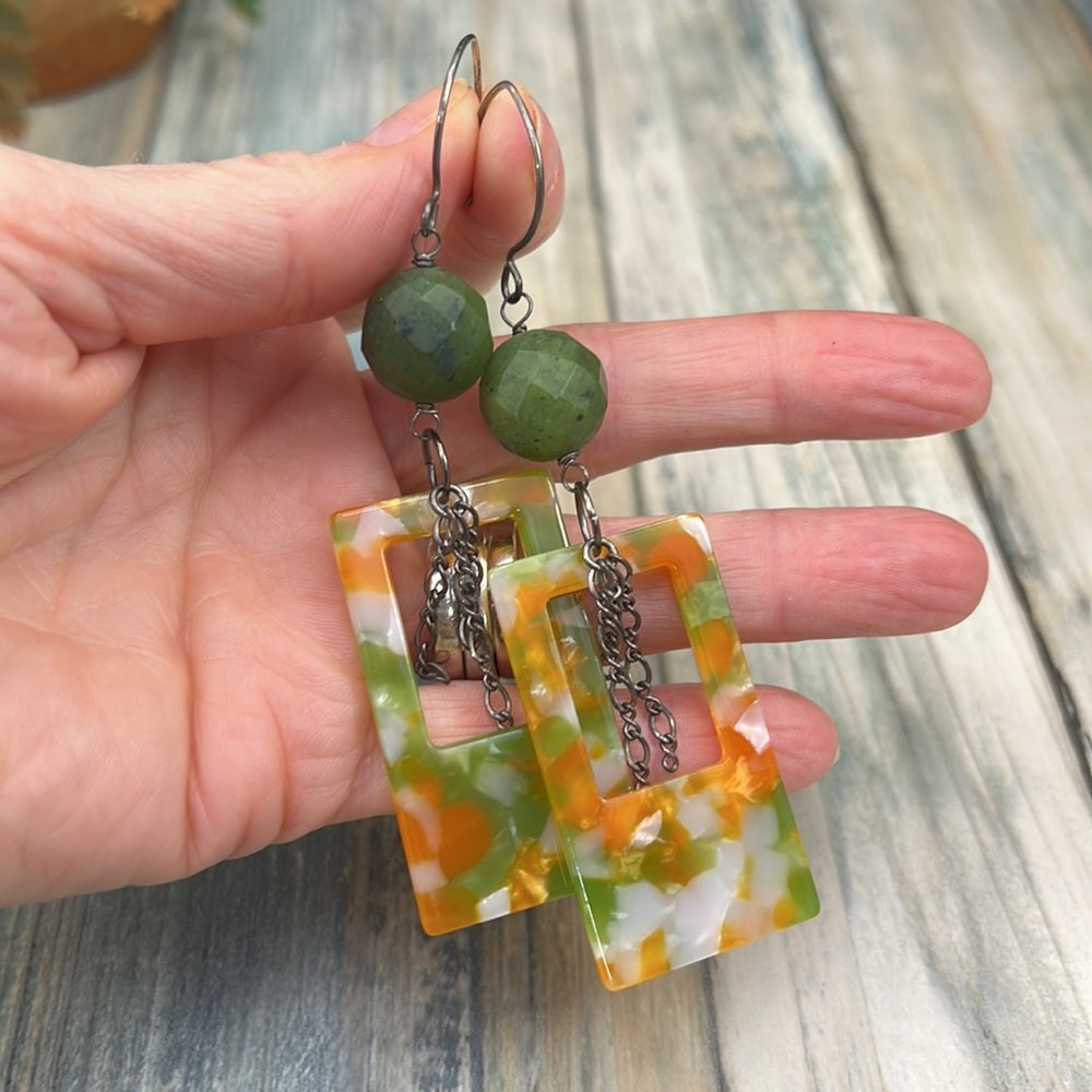 Adorned Crown Artisan Assemblage jade and acrylic rectangle earrings