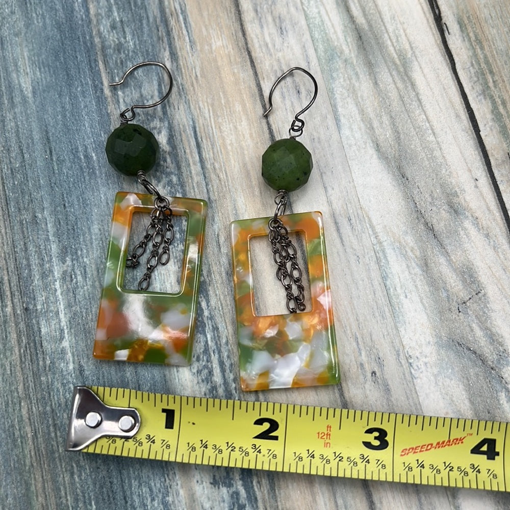 Adorned Crown Artisan Assemblage jade and acrylic rectangle earrings