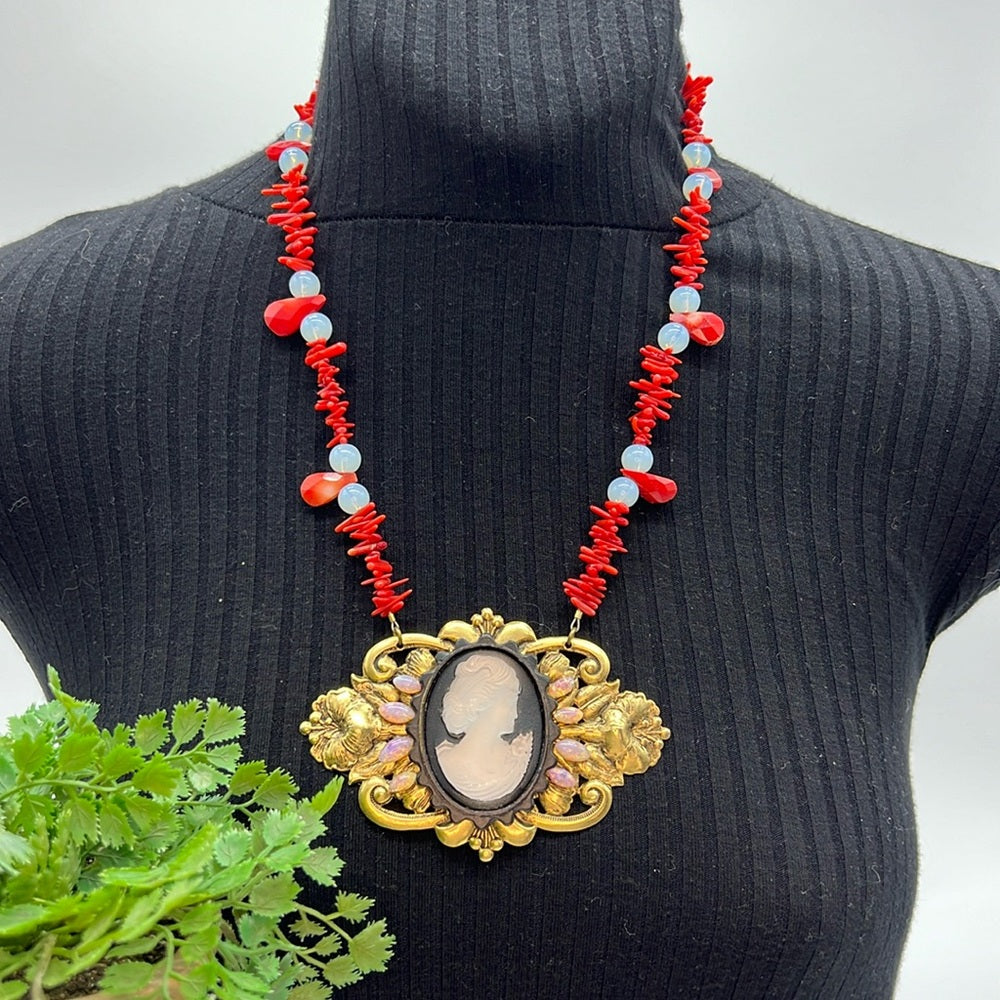 Adorned Crown Jewelry cameo art nouveau opal coral moonstone necklace