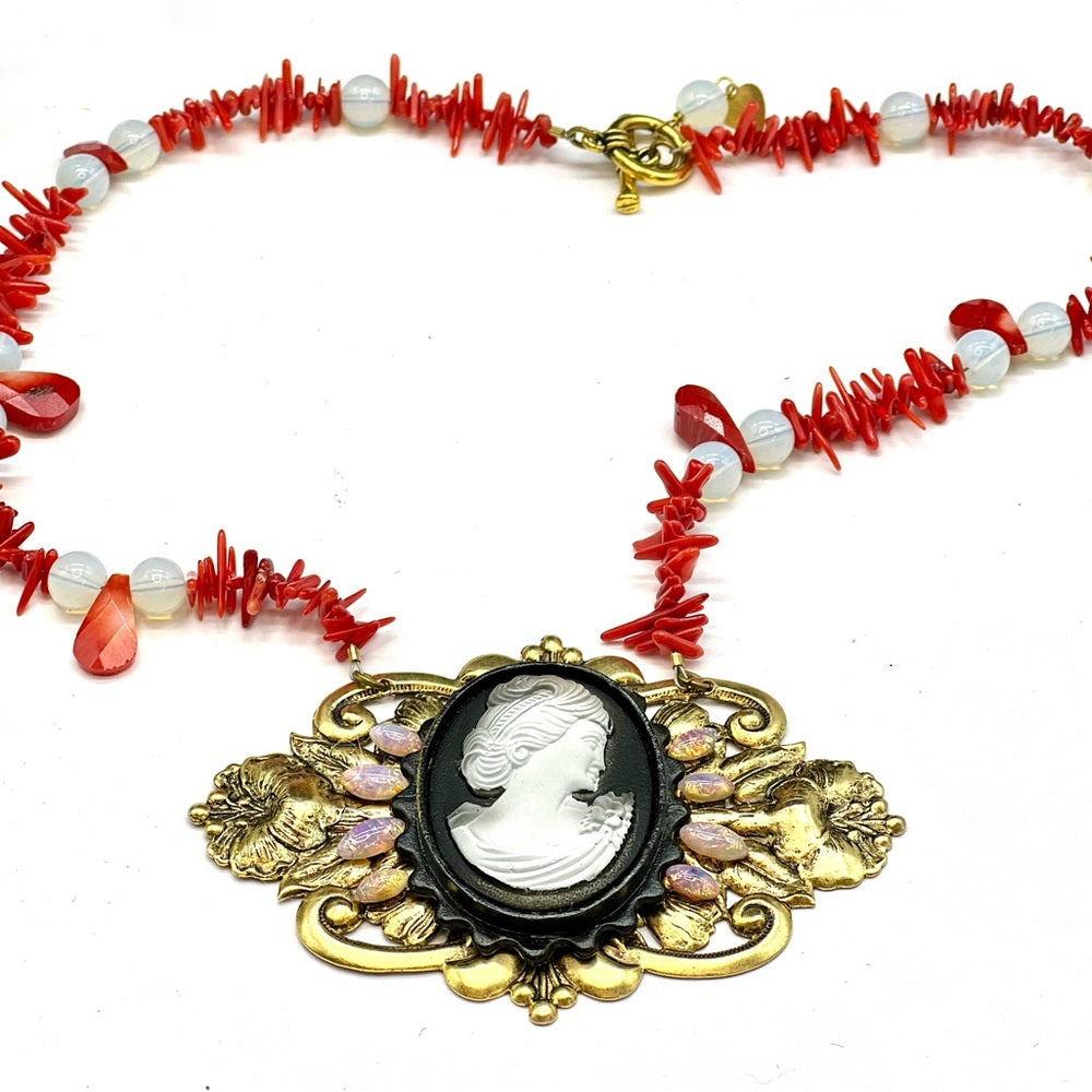 Adorned Crown Jewelry cameo art nouveau opal coral moonstone necklace