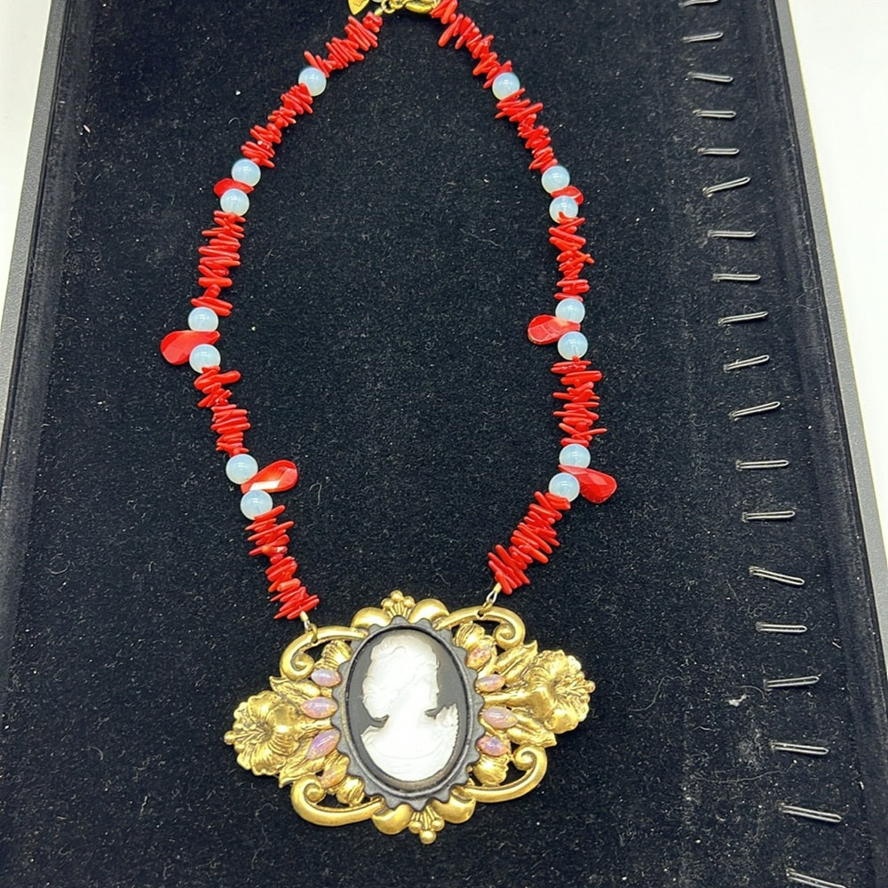 Adorned Crown Jewelry cameo art nouveau opal coral moonstone necklace