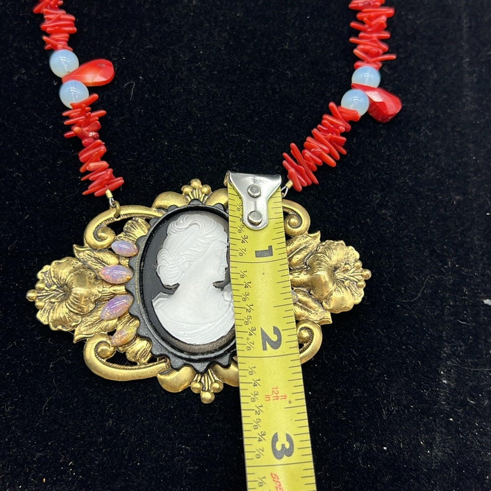 Adorned Crown Jewelry cameo art nouveau opal coral moonstone necklace