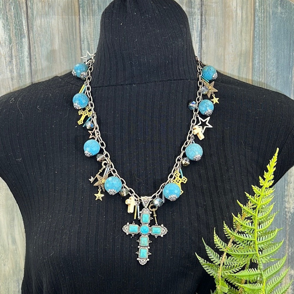 Adorned Crown cowgirl collection turquoise cross key Star charm necklace