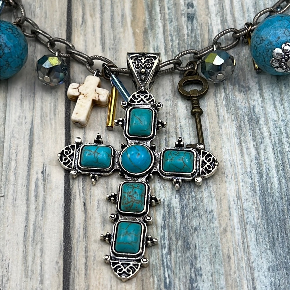 Adorned Crown cowgirl collection turquoise cross key Star charm necklace