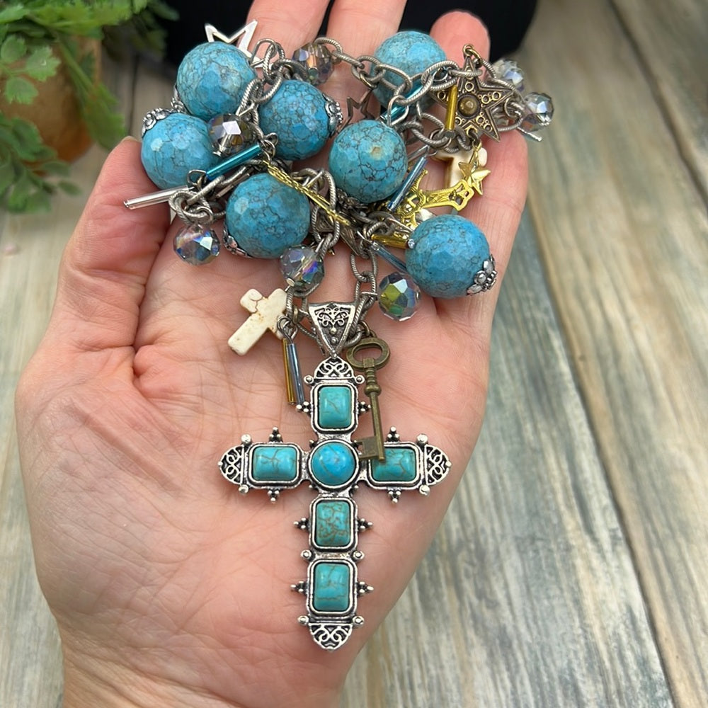 Adorned Crown cowgirl collection turquoise cross key Star charm necklace