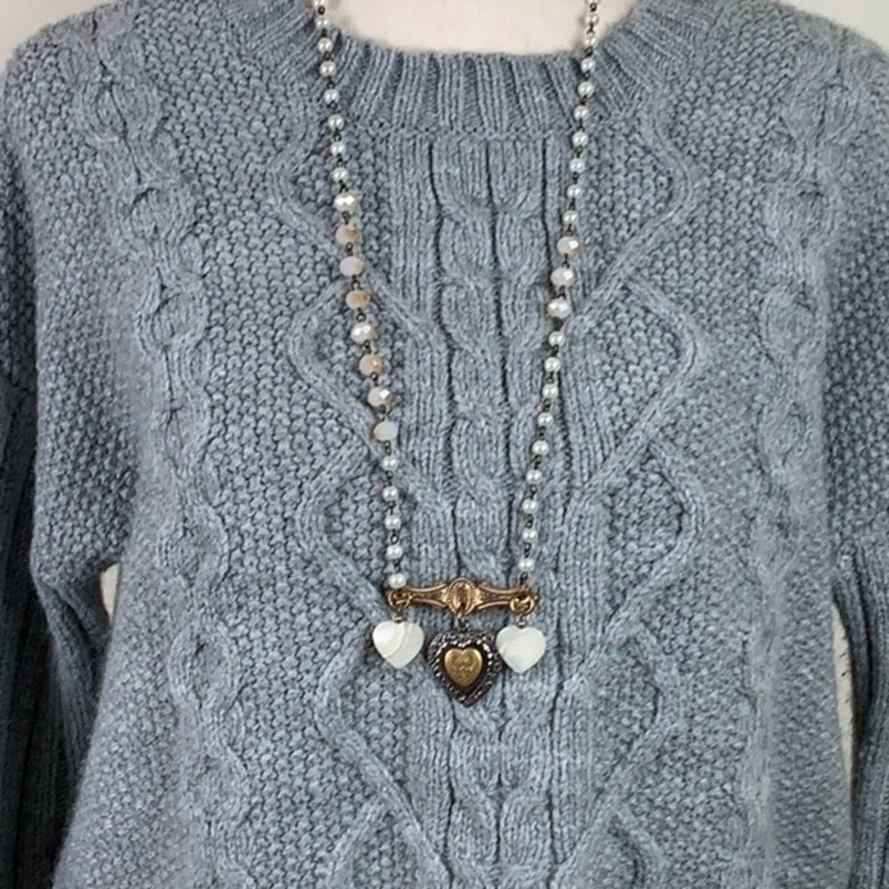 Adorned Crown artisan assemblage shell vintage heart glass bead necklace