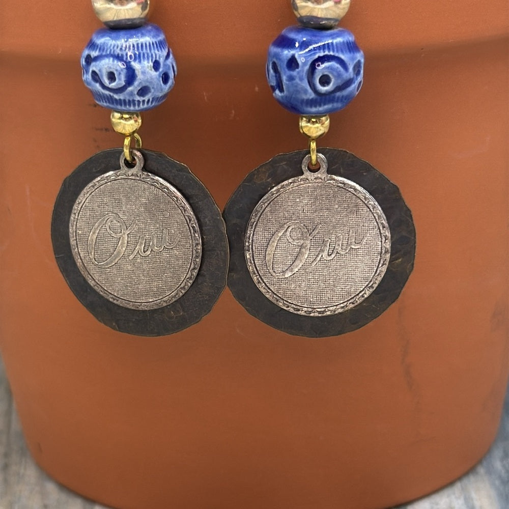 Adorned Crown Jewelry assemblage French oui blue ceramic bead earrings