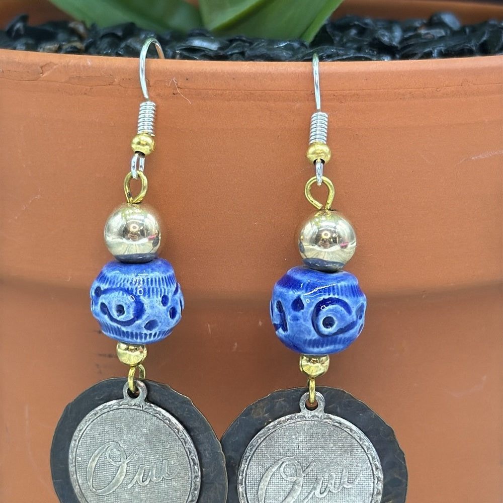 Adorned Crown Jewelry assemblage French oui blue ceramic bead earrings