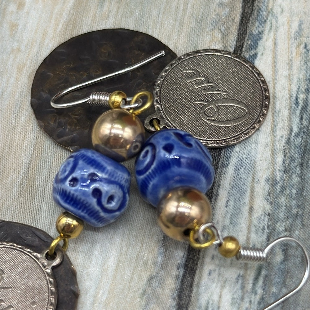 Adorned Crown Jewelry assemblage French oui blue ceramic bead earrings