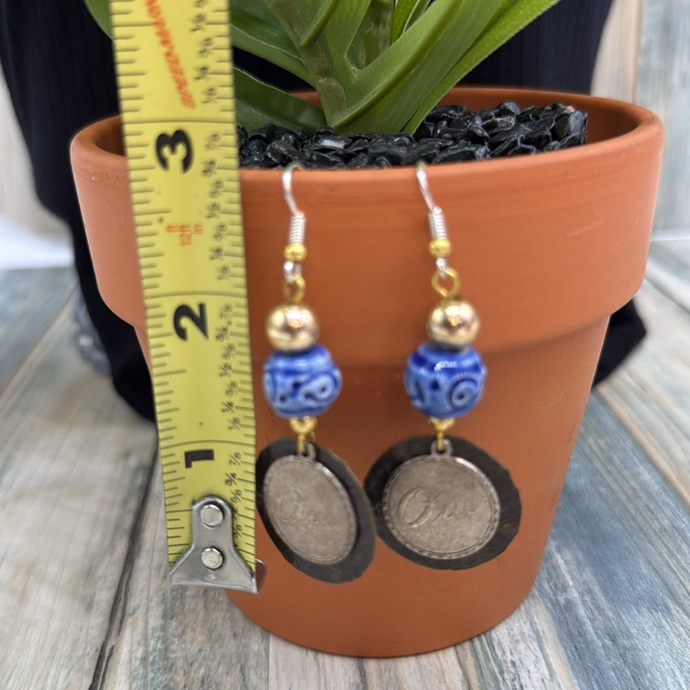 Adorned Crown Jewelry assemblage French oui blue ceramic bead earrings