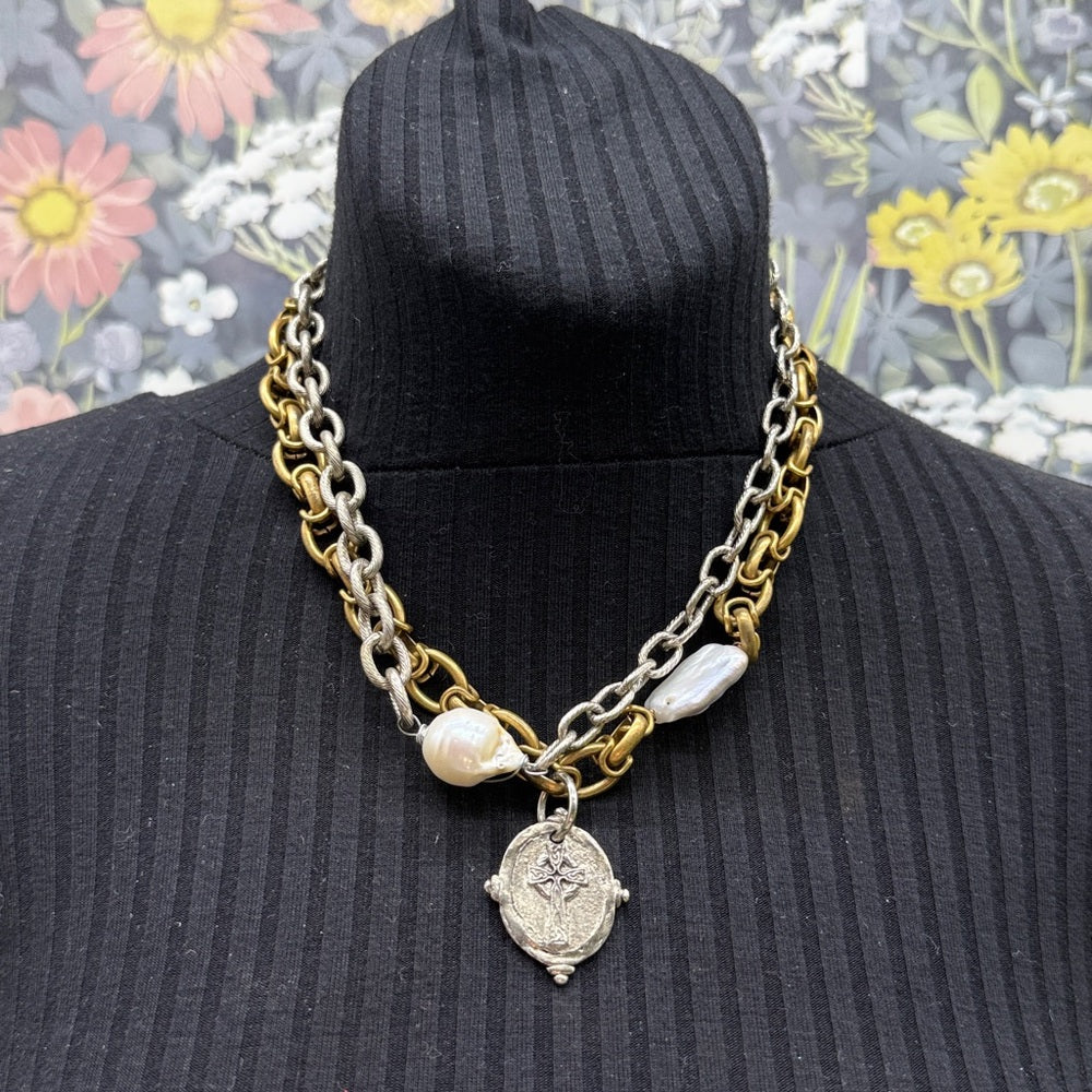 Adorned Crown Jewelry assemblage double chain baroque pearl cross necklace