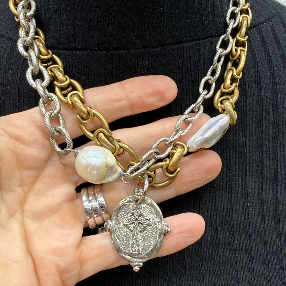 Adorned Crown Jewelry assemblage double chain baroque pearl cross necklace