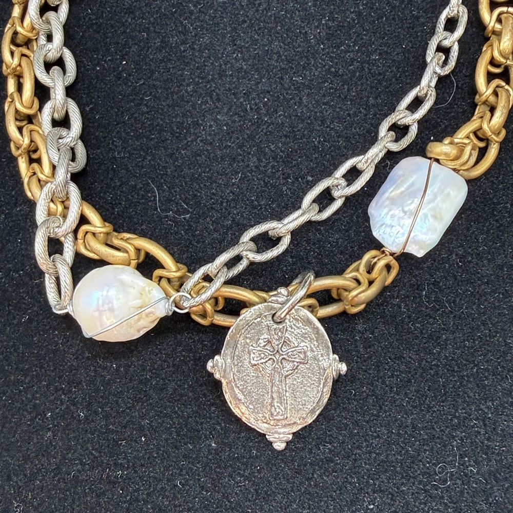 Adorned Crown Jewelry assemblage double chain baroque pearl cross necklace