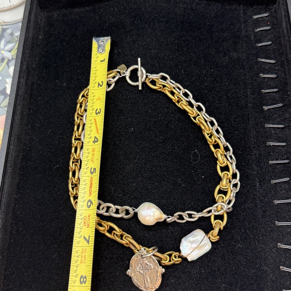 Adorned Crown Jewelry assemblage double chain baroque pearl cross necklace