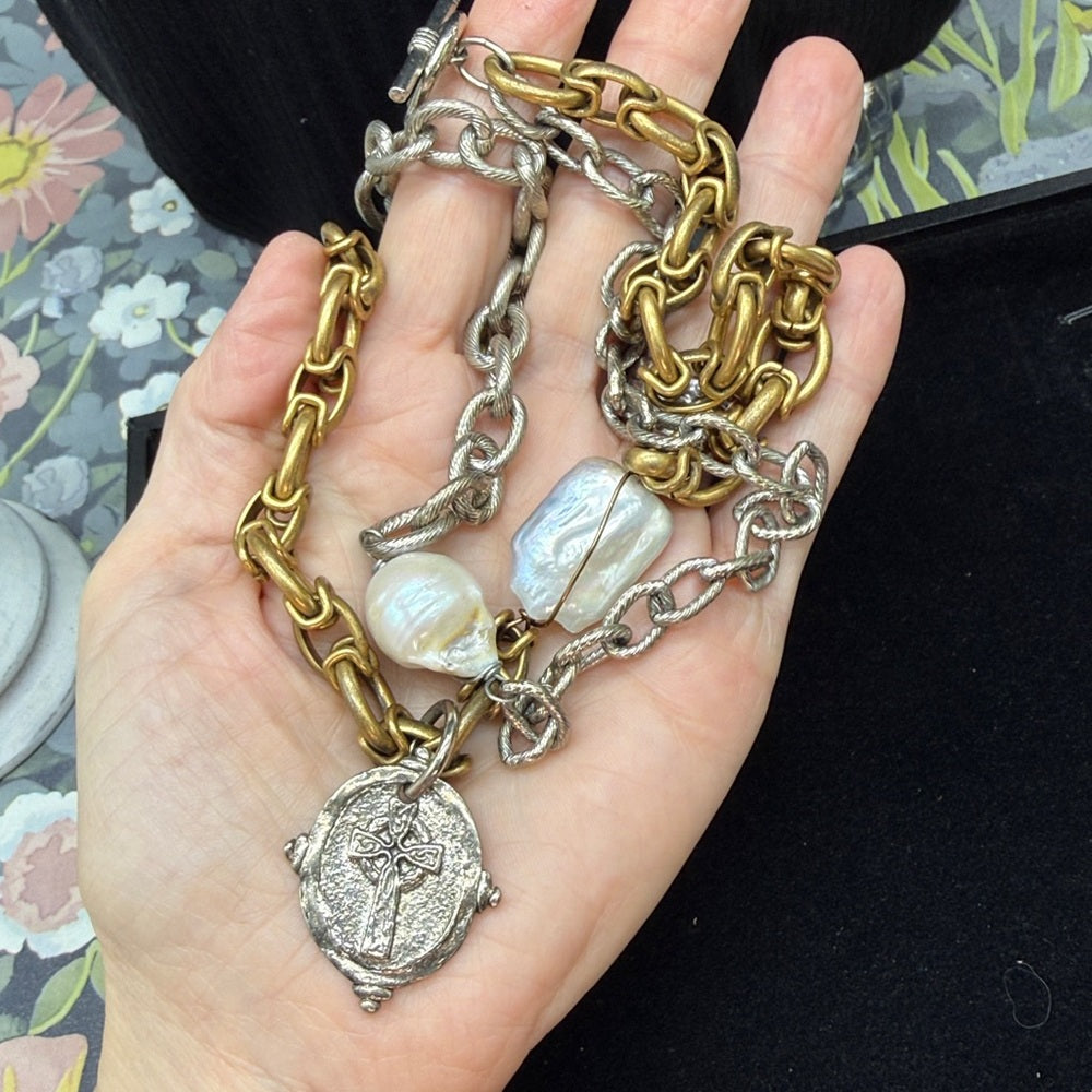 Adorned Crown Jewelry assemblage double chain baroque pearl cross necklace