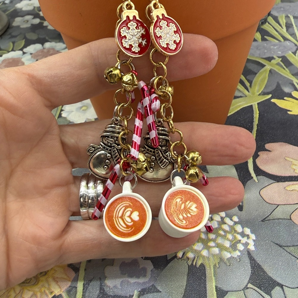 Adorned Crown Jewelry assemblage snowman candy cane cocoa earrings