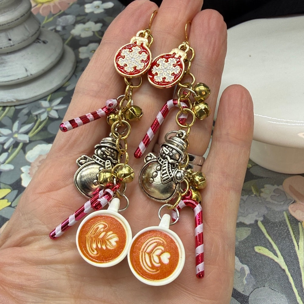 Adorned Crown Jewelry assemblage snowman candy cane cocoa earrings