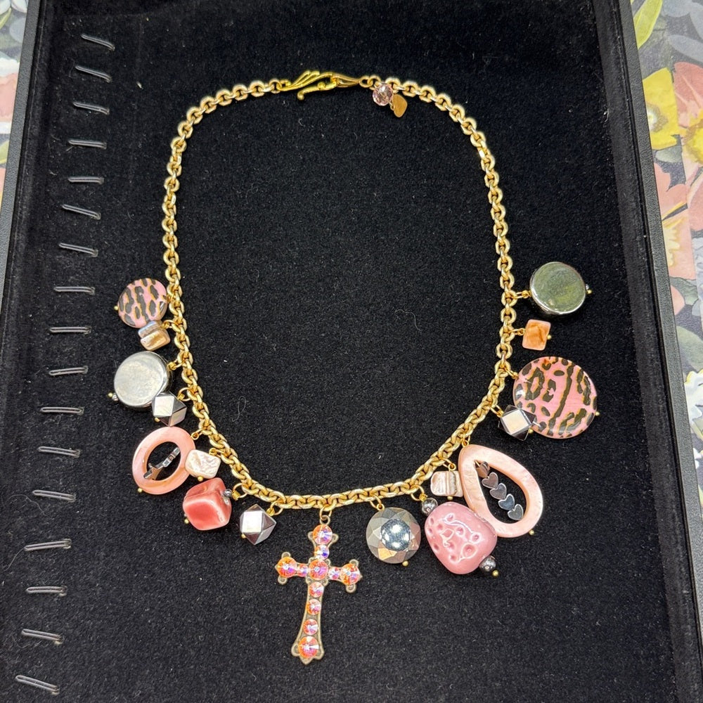 Adorned Crown Jewelry assemblage pink rhinestone cross charm necklace
