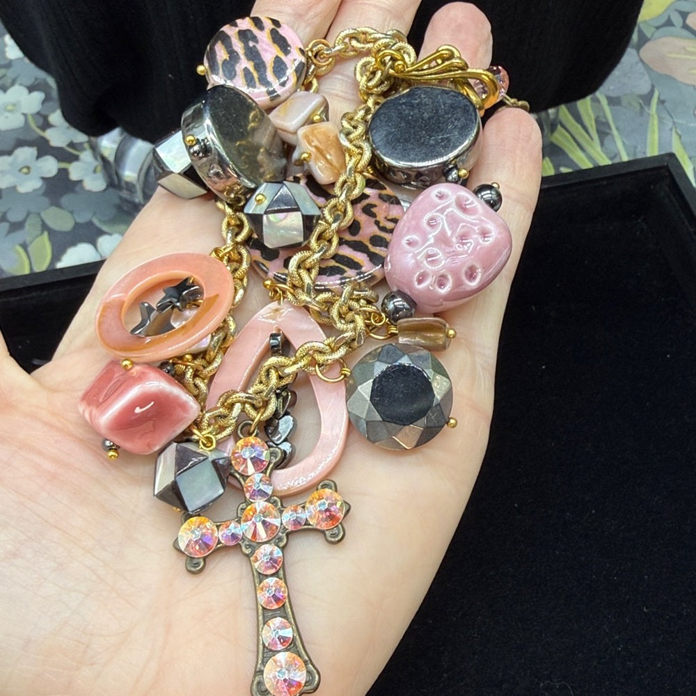 Adorned Crown Jewelry assemblage pink rhinestone cross charm necklace