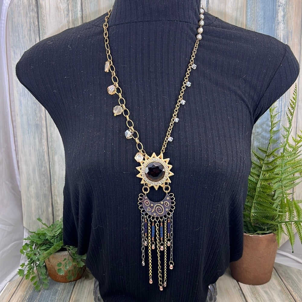 Adorned Crown Artisan Assemblage starburst moon teardrop dangle necklace