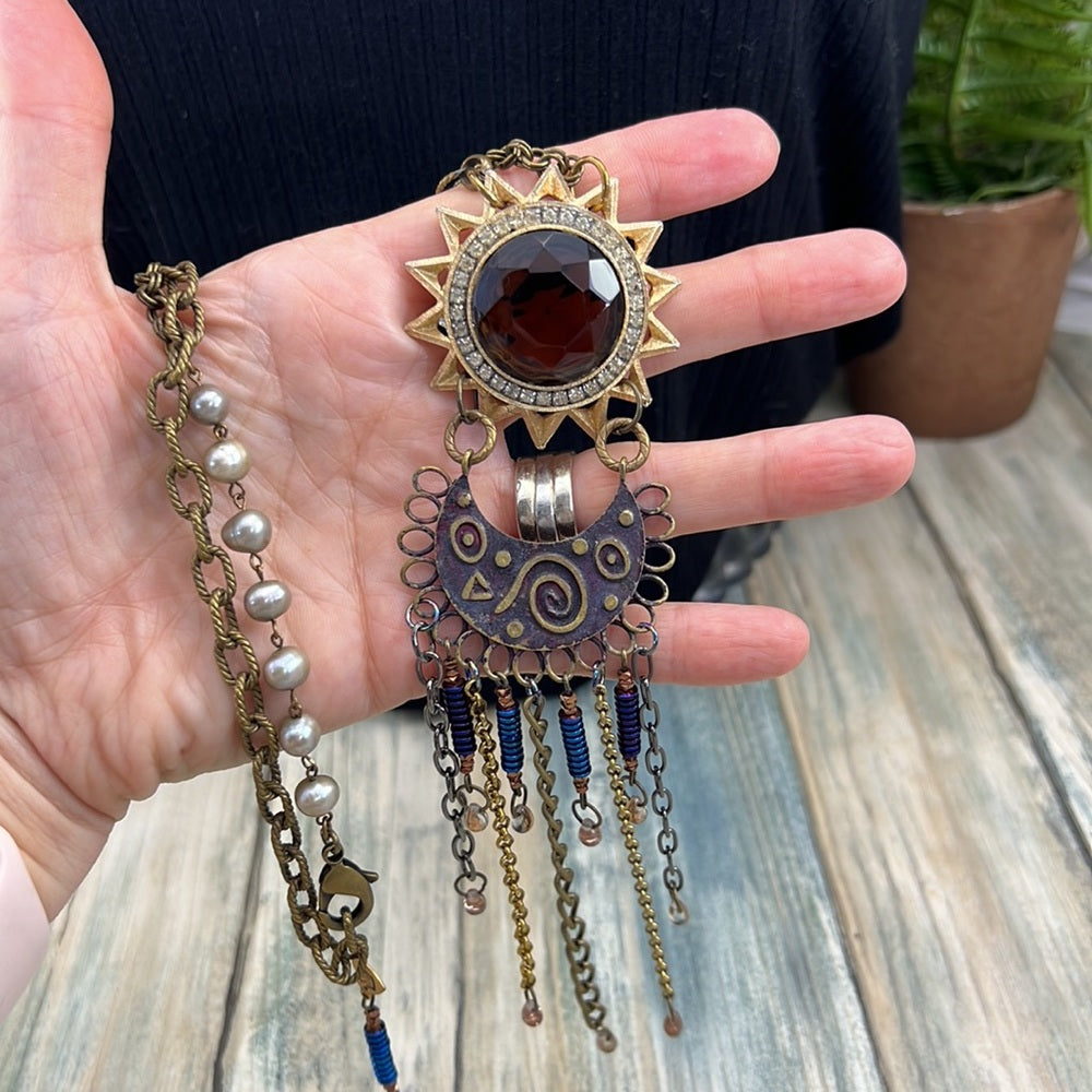 Adorned Crown Artisan Assemblage starburst moon teardrop dangle necklace