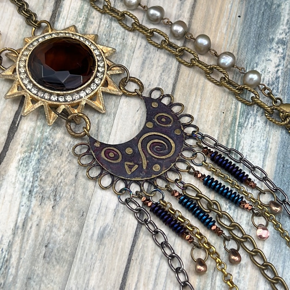 Adorned Crown Artisan Assemblage starburst moon teardrop dangle necklace