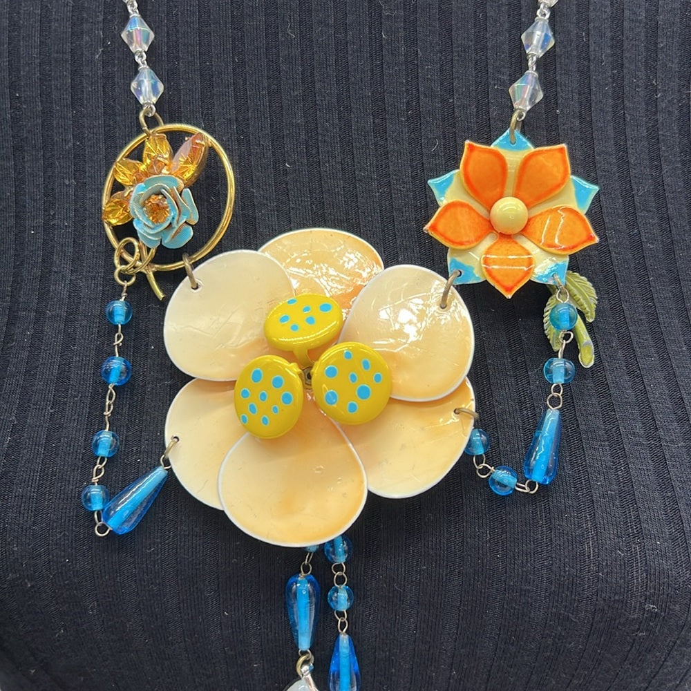 Adorned Crown Jewelry artisan assemblage enamel flower bib beaded necklace