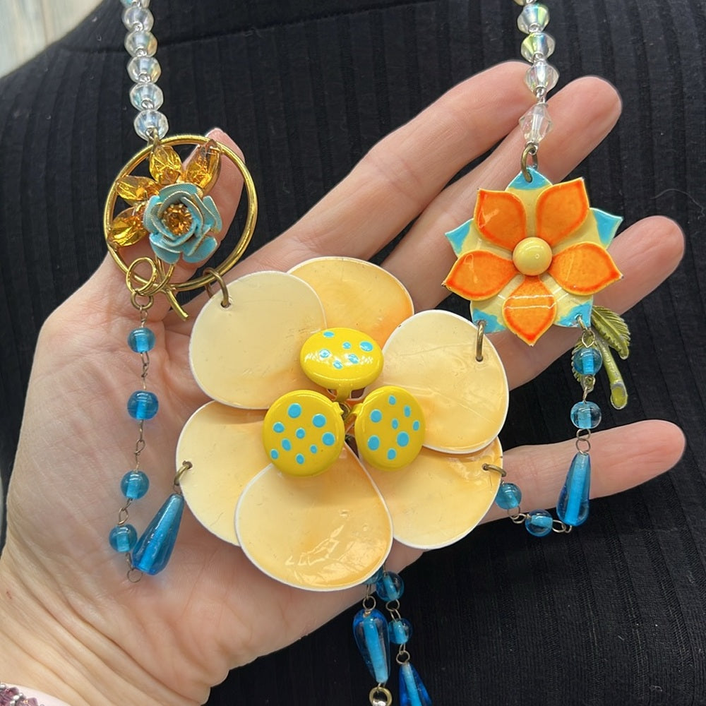 Adorned Crown Jewelry artisan assemblage enamel flower bib beaded necklace