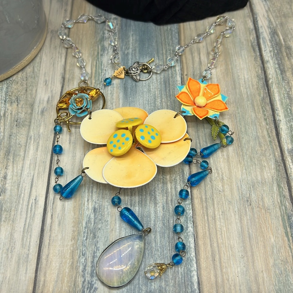 Adorned Crown Jewelry artisan assemblage enamel flower bib beaded necklace