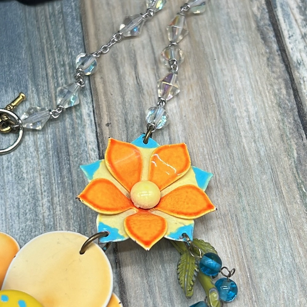 Adorned Crown Jewelry artisan assemblage enamel flower bib beaded necklace
