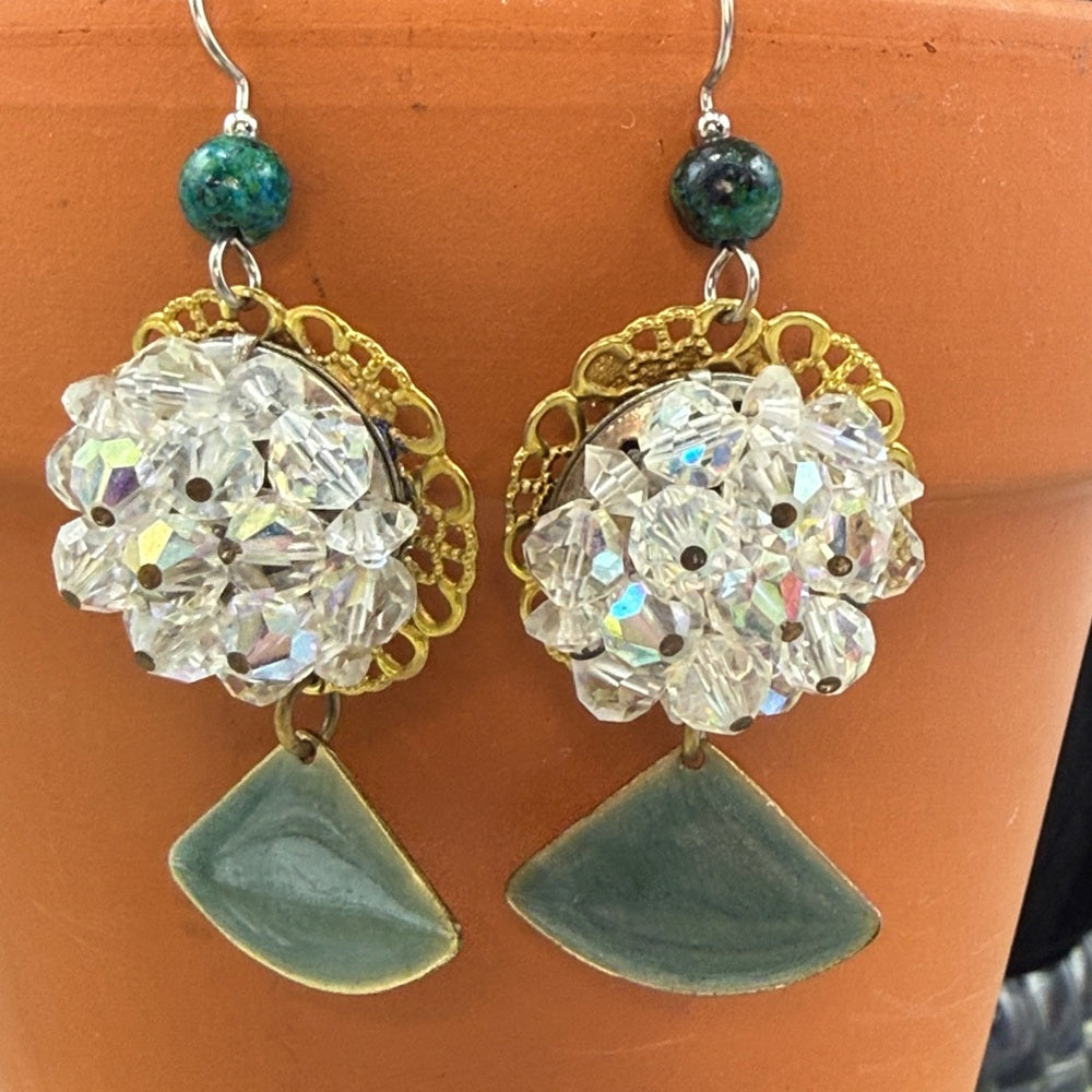 Adorned Crown Jewelry assemblage crystal on filigree green dangle earrings