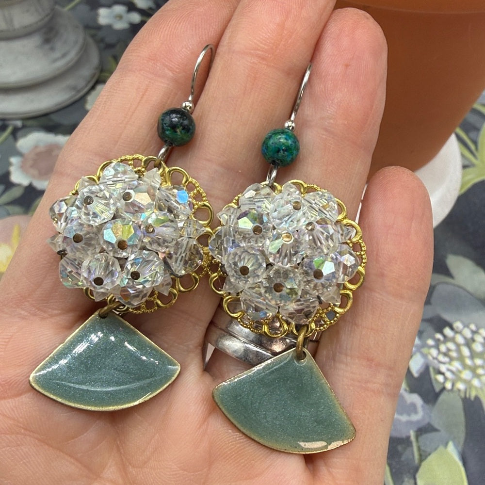 Adorned Crown Jewelry assemblage crystal on filigree green dangle earrings