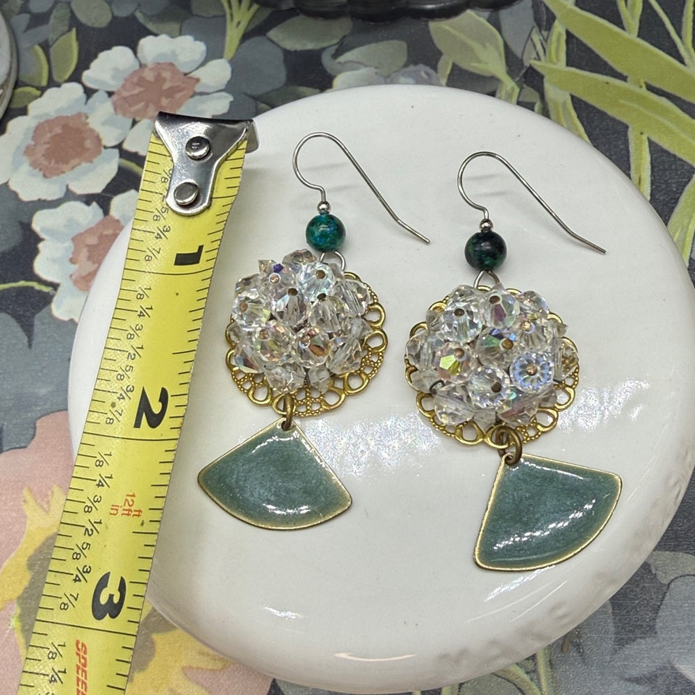 Adorned Crown Jewelry assemblage crystal on filigree green dangle earrings