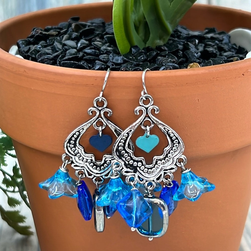 Adorned Crown Assemblage Czech glass Moroccan style shades of blue earrings