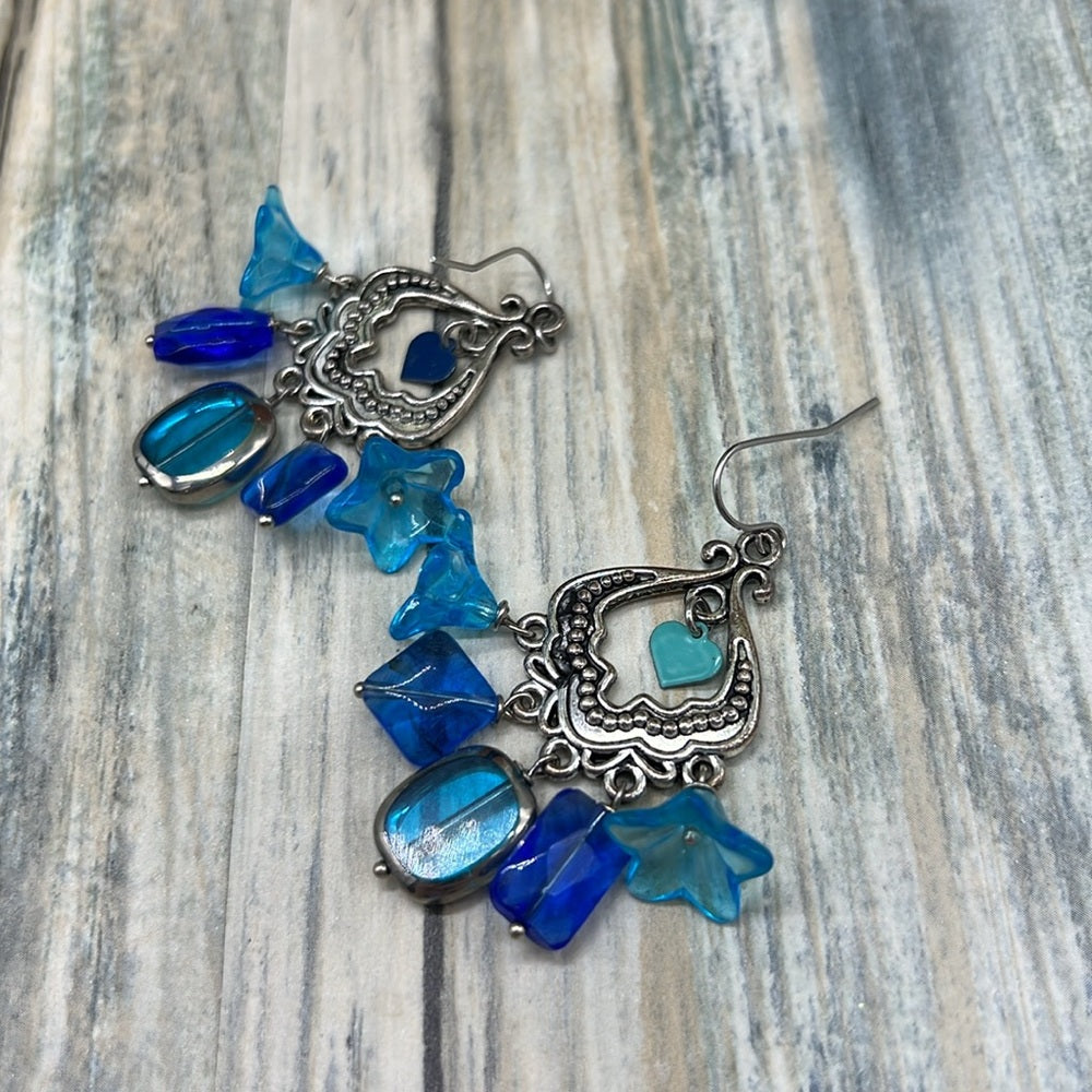 Adorned Crown Assemblage Czech glass Moroccan style shades of blue earrings