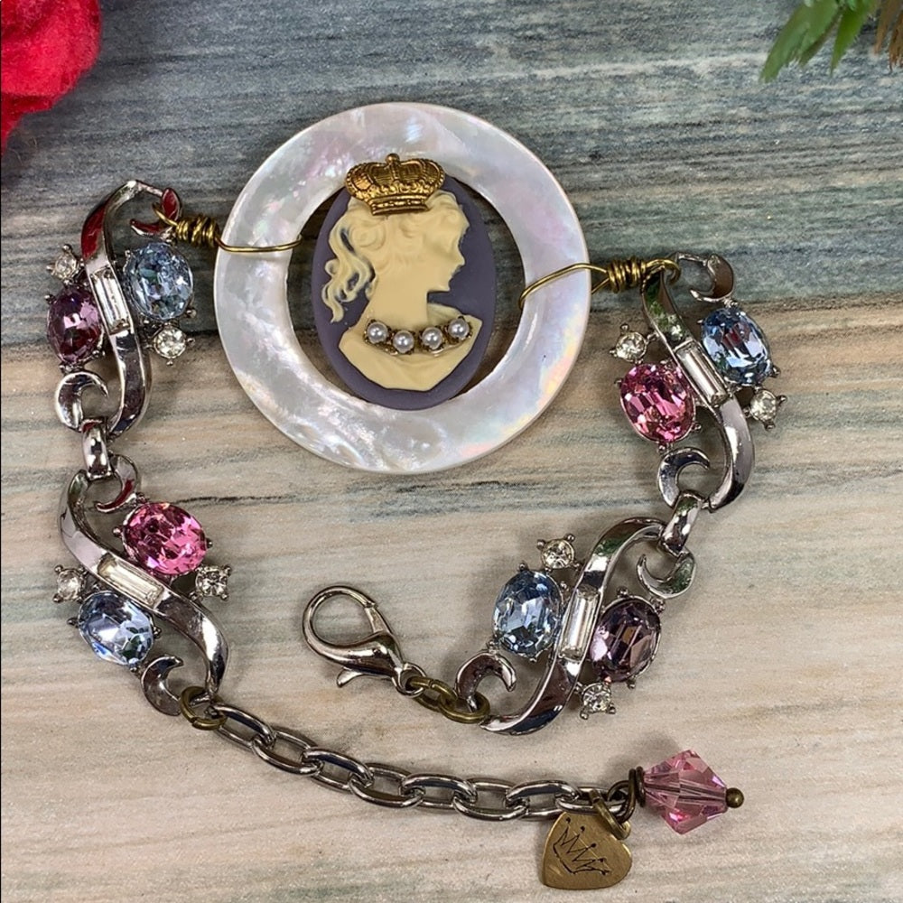 Adorned Crown artisan assemblage purple 
cameo rhinestone bracelet